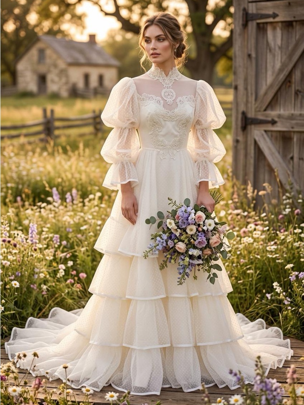 Bridallure by Alfred Angelo 1970’s 7 Tiered Gown in a delicate Swiss dot fabric